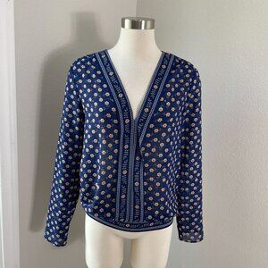 NEW Max Studio Womens Small Floral Navy Blouse Long Sleeve V Neck Lightweight
